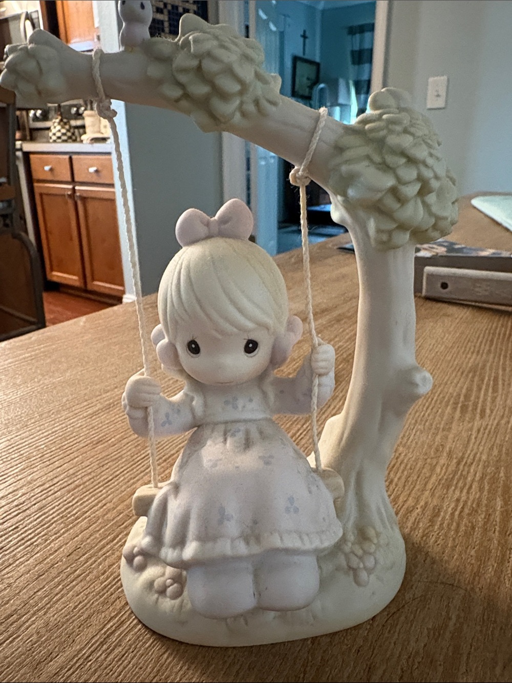 Precious Moments Cream and Pale Pink Girl on Swing Figurine